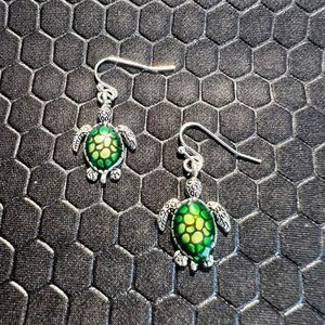 Turtle Earrings Green and Yellow Made of Sterling Silver